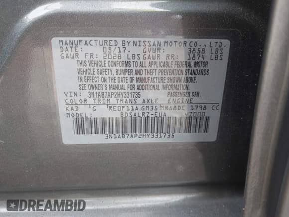 2017 Nissan Sentra SR с VIN 3N1AB7AP2HY331735, выставлен на аукционе IAAI как лот 43314553 с пробегом 87 348 миль миль и . История ставок и продаж доступна на DreamBid. Изображение 9.