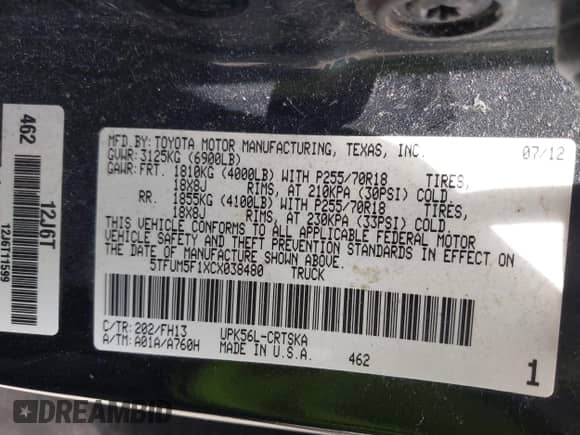 2012 Toyota Tundra с VIN 5TFUM5F1XCX038480, выставлен на аукционе IAAI как лот 42734155 с пробегом 206 100 миль миль и . История ставок и продаж доступна на DreamBid. Изображение 9.