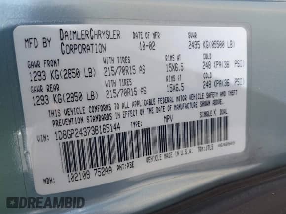 2003 Dodge Grand Caravan with VIN 1D8GP24373B165144, listed as a IAAI auction lot 42692593 with 195,814 mi miles and . Bid and sale history available at DreamBid. Image 9.