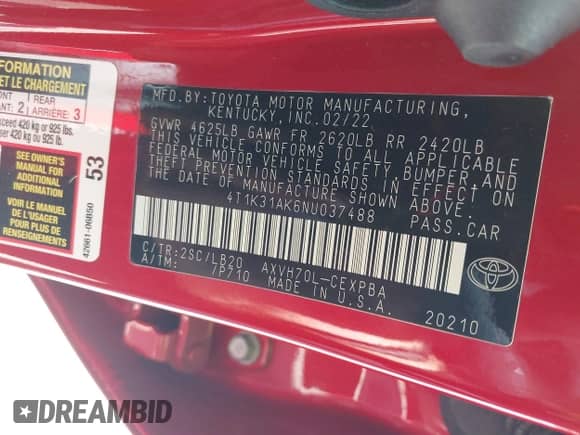 2022 Toyota Camry Hybrid XSE с VIN 4T1K31AK6NU037488, выставлен на аукционе IAAI как лот 42090482 с пробегом 53 505 миль миль и . История ставок и продаж доступна на DreamBid. Изображение 9.