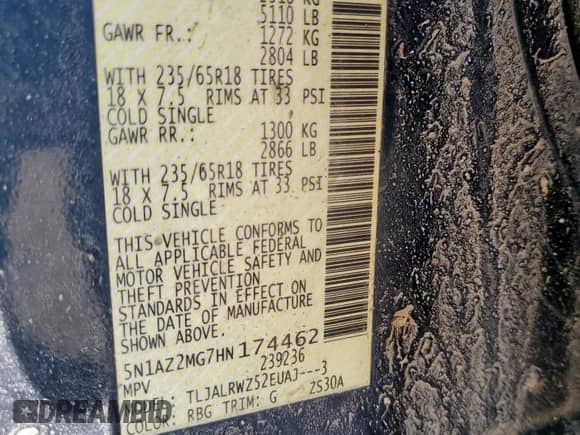 2017 Nissan Murano SL with VIN 5N1AZ2MG7HN174462, listed as a Copart auction lot 66806195 with 223,281 mi miles and Salvage title. Bid and sale history available at DreamBid. Image 13.