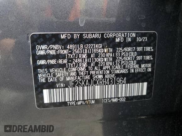 2024 Subaru Forester Wilderness с VIN JF2SKAJCXRH431964, выставлен на аукционе Copart как лот 65437415 с пробегом 16 659 миль миль и Списание • Salvage title. История ставок и продаж доступна на DreamBid. Изображение 14.