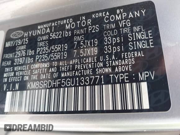 2016 Hyundai Santa Fe Limited with VIN KM8SRDHF5GU133771, listed as a IAAI auction lot 42858602 with 131,592 mi miles and . Bid and sale history available at DreamBid. Image 9.