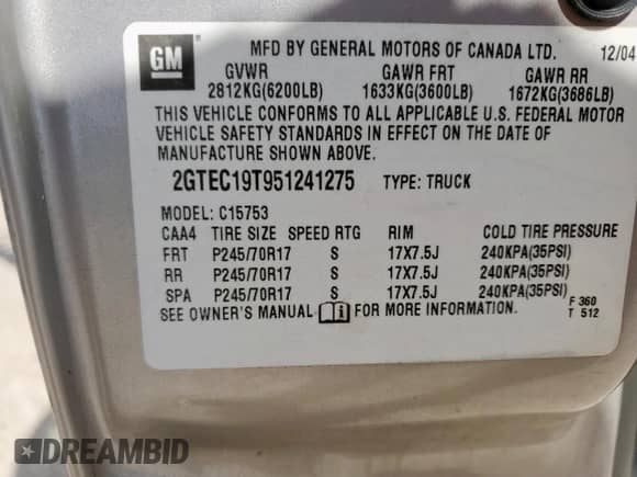 2005 GMC Sierra 1500 SLE с VIN 2GTEC19T951241275, выставлен на аукционе Copart как лот 68741705 с пробегом 93 682 миль миль и Чистый • Clean title. История ставок и продаж доступна на DreamBid. Изображение 12.