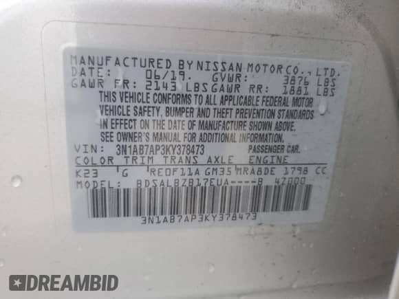 2019 Nissan Sentra S с VIN 3N1AB7AP3KY378473, выставлен на аукционе Copart как лот 84452695 с пробегом 74 266 миль миль и Чистый • Clean title. История ставок и продаж доступна на DreamBid. Изображение 12.