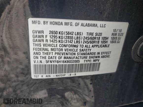 2019 Honda Pilot LX с VIN 5FNYF6H16KB032005, выставлен на аукционе Copart как лот 81803455 с пробегом 64 488 миль миль и Списание • Salvage title. История ставок и продаж доступна на DreamBid. Изображение 13.