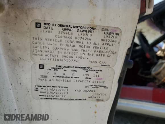 1989 Chevrolet Corvette с VIN 1G1YY3187K5107790, выставлен на аукционе Copart как лот 69282254 с пробегом Не указан миль и Списание • Salvage title. История ставок и продаж доступна на DreamBid. Изображение 12.