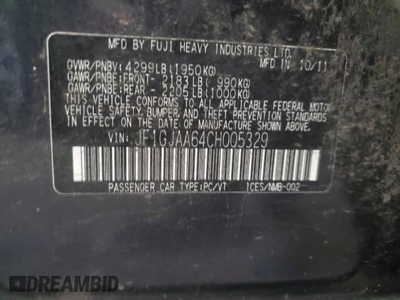 2012 Subaru Impreza 2.0i z VIN JF1GJAA64CH005329, wystawiony jako Copart lot #67372265 z przebiegiem 177 770 mil mil oraz Szkoda całkowita • Salvage title. Historia ofert i sprzedaży dostępna na DreamBid. Obrazek 13.