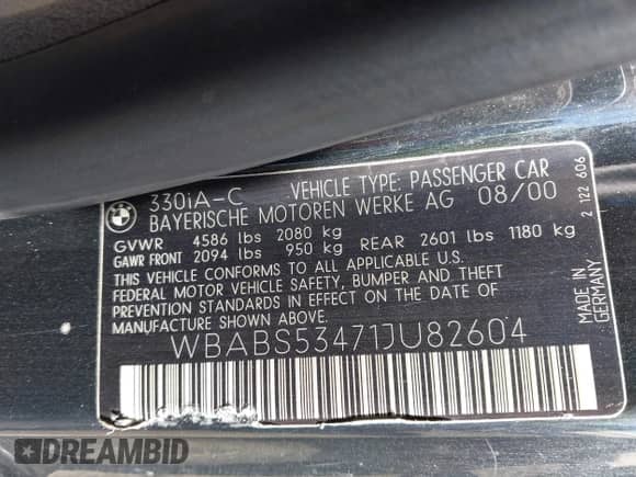 2001 BMW 3 Series 330Ci с VIN WBABS53471JU82604, выставлен на аукционе IAAI как лот 43519996 с пробегом 115 311 миль миль и . История ставок и продаж доступна на DreamBid. Изображение 9.