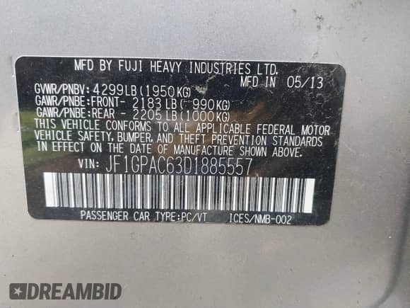 2013 Subaru Impreza Premium with VIN JF1GPAC63D1885557, listed as a IAAI auction lot 42445560 with 91,714 mi miles and . Bid and sale history available at DreamBid. Image 9.