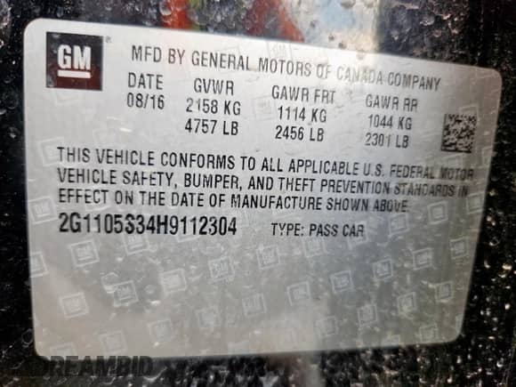 2017 Chevrolet Impala LT with VIN 2G1105S34H9112304, listed as a Copart auction lot 69689575 with 154,446 mi miles and Salvage title. Bid and sale history available at DreamBid. Image 13.