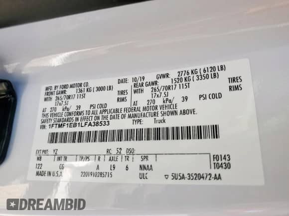 2020 Ford F-150 XL with VIN 1FTMF1EB1LFA38533, listed as a Copart auction lot 90881205 with 186,118 mi miles and Clean title. Bid and sale history available at DreamBid. Image 12.