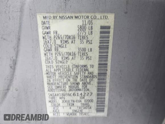 2006 Nissan Pathfinder SE z VIN 5N1AR18U36C614227, wystawiony jako IAAI lot #43273893 z przebiegiem 165 630 mil mil oraz . Historia ofert i sprzedaży dostępna na DreamBid. Obrazek 9.