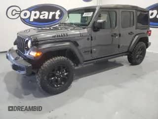 2021 Jeep Wrangler Unlimited Willys Sport with VIN 1C4HJXDN1MW679696, listed as a Copart auction lot 55693923 with 164,749 mi miles and Salvage title. Bid and sale history available at DreamBid. Image 1.