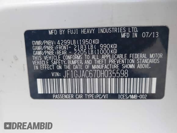 2013 Subaru Impreza Premium with VIN JF1GJAC67DH035598, listed as a IAAI auction lot 42840911 with 79,131 mi miles and . Bid and sale history available at DreamBid. Image 9.