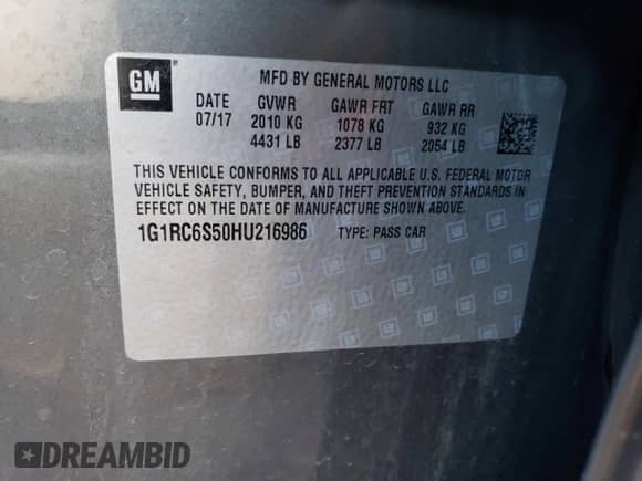 2017 Chevrolet Volt LT с VIN 1G1RC6S50HU216986, выставлен на аукционе Copart как лот 72720432 с пробегом 49 958 миль миль и . История ставок и продаж доступна на DreamBid. Изображение 13.