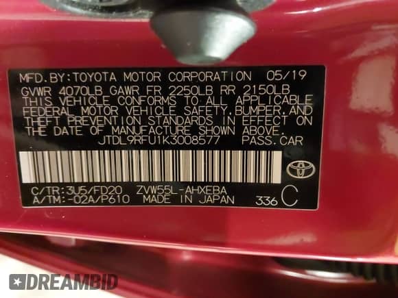 2019 Toyota Prius LE с VIN JTDL9RFU1K3008577, выставлен на аукционе IAAI как лот 42636192 с пробегом 42 316 миль миль и . История ставок и продаж доступна на DreamBid. Изображение 9.