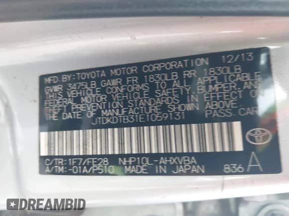 2014 Toyota Prius One z VIN JTDKDTB31E1059131, wystawiony jako IAAI lot #42999949 z przebiegiem 185 962 mil mil oraz . Historia ofert i sprzedaży dostępna na DreamBid. Obrazek 9.