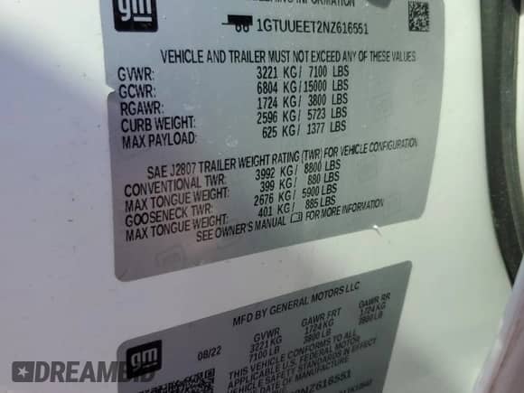 2022 GMC Sierra 1500 AT4 с VIN 1GTUUEET2NZ616551, выставлен на аукционе Copart как лот 61345785 с пробегом 33 100 миль миль и Списание • Salvage title. История ставок и продаж доступна на DreamBid. Изображение 12.