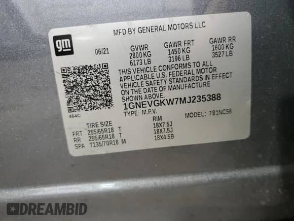 2021 Chevrolet Traverse LT Cloth z VIN 1GNEVGKW7MJ235388, wystawiony jako Copart lot #63011765 z przebiegiem 54 792 mil mil oraz Szkoda całkowita • Salvage title. Historia ofert i sprzedaży dostępna na DreamBid. Obrazek 14.