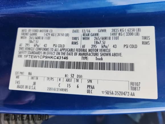 2017 Ford F-150 XL z VIN 1FTEW1CP9HKC43146, wystawiony jako Copart lot #84469375 z przebiegiem 106 551 mil mil oraz Szkoda całkowita • Salvage title. Historia ofert i sprzedaży dostępna na DreamBid. Obrazek 12.