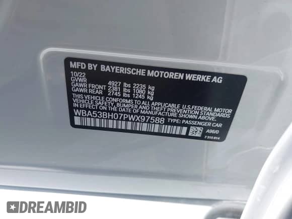 2023 BMW 5 Series 530i with VIN WBA53BH07PWX97588, listed as a IAAI auction lot 42719769 with 5,158 mi miles and . Bid and sale history available at DreamBid. Image 9.