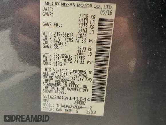 2016 Nissan Murano S с VIN 5N1AZ2MG4GN141644, выставлен на аукционе Copart как лот 69238765 с пробегом 240 303 миль миль и Списание • Salvage title. История ставок и продаж доступна на DreamBid. Изображение 13.