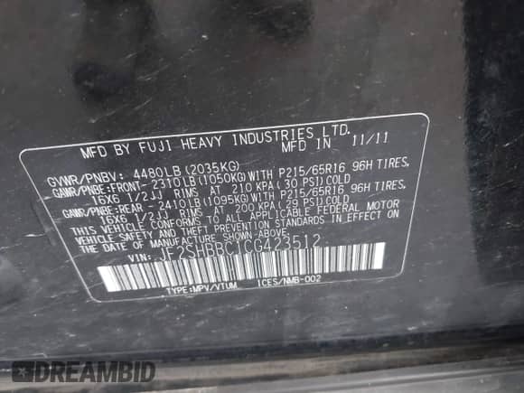 2012 Subaru Forester X z VIN JF2SHBBC1CG423512, wystawiony jako IAAI lot #42412522 z przebiegiem 168 713 mil mil oraz . Historia ofert i sprzedaży dostępna na DreamBid. Obrazek 9.