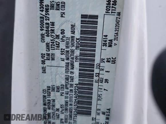 2003 Ford Econoline Cargo с VIN 1FTSE34L53HA09234, выставлен на аукционе Copart как лот 38177934 с пробегом 226 128 миль миль и Списание • Salvage title. История ставок и продаж доступна на DreamBid. Изображение 13.