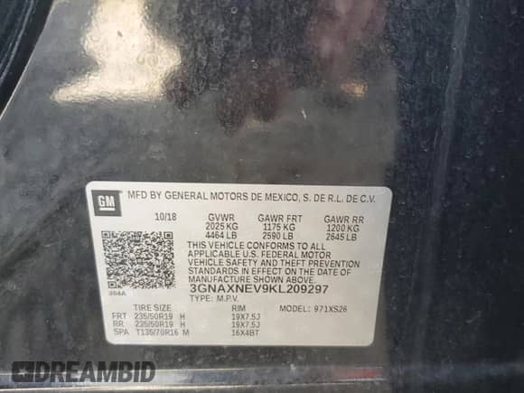 2019 Chevrolet Equinox Premier with VIN 3GNAXNEV9KL209297, listed as a Copart auction lot 64791585 with 105,810 mi miles and Salvage title. Bid and sale history available at DreamBid. Image 13.