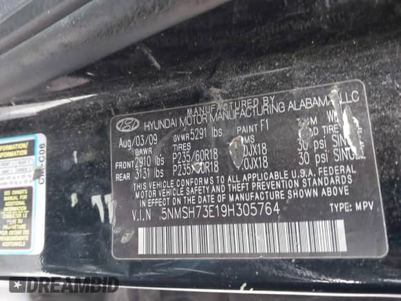 2009 Hyundai Santa Fe Limited z VIN 5NMSH73E19H305764, wystawiony jako IAAI lot #41771765 z przebiegiem 187 042 mil mil oraz . Historia ofert i sprzedaży dostępna na DreamBid. Obrazek 9.