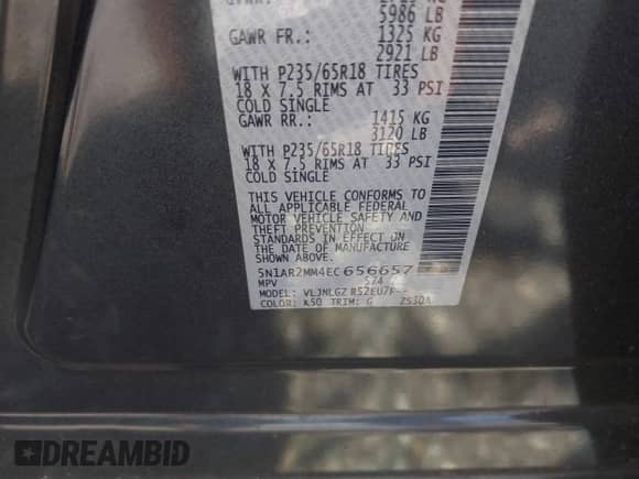 2014 Nissan Pathfinder SV with VIN 5N1AR2MM4EC656657, listed as a IAAI auction lot 42867307 with Not provided miles and . Bid and sale history available at DreamBid. Image 9.