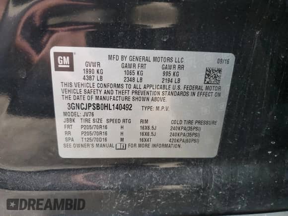 2017 Chevrolet Trax LT z VIN 3GNCJPSB0HL140492, wystawiony jako Copart lot #71645955 z przebiegiem 90 611 mil mil oraz Szkoda całkowita • Salvage title. Historia ofert i sprzedaży dostępna na DreamBid. Obrazek 13.