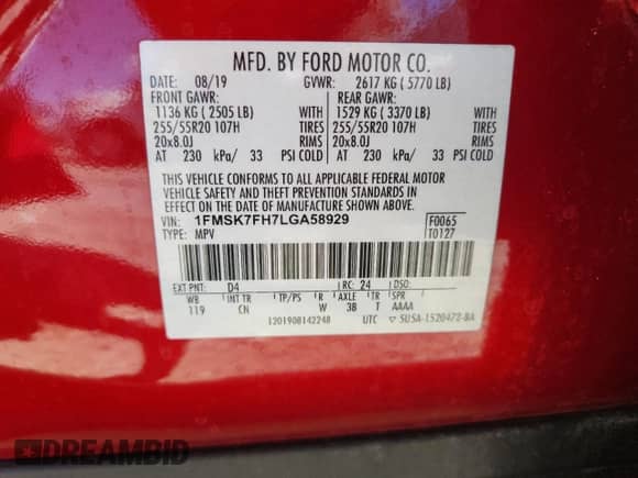 2020 Ford Explorer Limited z VIN 1FMSK7FH7LGA58929, wystawiony jako Copart lot #82542795 z przebiegiem 46 429 mil mil oraz Nie do naprawy • Non repairable. Historia ofert i sprzedaży dostępna na DreamBid. Obrazek 13.
