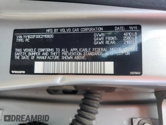 2012 Volvo S60 T5 с VIN YV1622FS0C2110820, выставлен на аукционе Copart как лот 81112215 с пробегом 137 951 миль миль и Списание • Salvage title. История ставок и продаж доступна на DreamBid. Изображение 12.