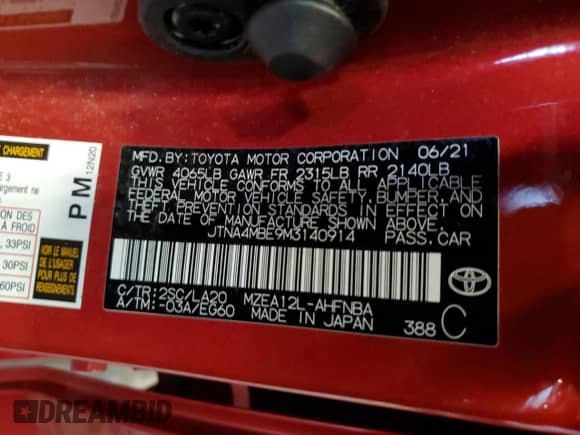 2021 Toyota Corolla XSE с VIN JTNA4MBE9M3140914, выставлен на аукционе Copart как лот 85912694 с пробегом 36 683 миль миль и Списание • Salvage title. История ставок и продаж доступна на DreamBid. Изображение 12.