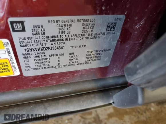 2015 Chevrolet Traverse LT with VIN 1GNKVHKD2FJ334341, listed as a Copart auction lot 69672245 with 209,372 mi miles and Salvage title. Bid and sale history available at DreamBid. Image 13.