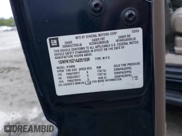 2004 Chevrolet Suburban LT с VIN 1GNFK16Z14J251536, выставлен на аукционе Copart как лот 75109934 с пробегом Не указан миль и Чистый • Clean title. История ставок и продаж доступна на DreamBid. Изображение 13.