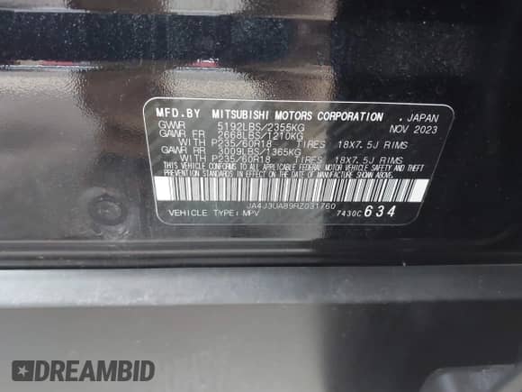 2024 Mitsubishi Outlander ES with VIN JA4J3UA89RZ031760, listed as a IAAI auction lot 41140604 with 54,640 mi miles and . Bid and sale history available at DreamBid. Image 9.