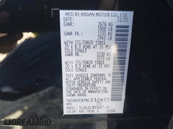 2024 Nissan Pathfinder SL with VIN 5N1DR3CB7RC232477, listed as a IAAI auction lot 43285594 with 16,177 mi miles and . Bid and sale history available at DreamBid. Image 9.