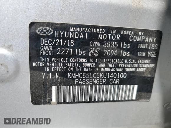 2019 Hyundai Ioniq Blue с VIN KMHC65LC3KU140100, выставлен на аукционе Copart как лот 66519385 с пробегом 172 168 миль миль и Списание • Salvage title. История ставок и продаж доступна на DreamBid. Изображение 12.