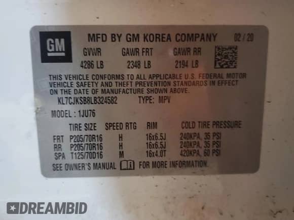 2020 Chevrolet Trax LS с VIN KL7CJKSB8LB324582, выставлен на аукционе Copart как лот 85405115 с пробегом 79 404 миль миль и Списание • Salvage title. История ставок и продаж доступна на DreamBid. Изображение 12.