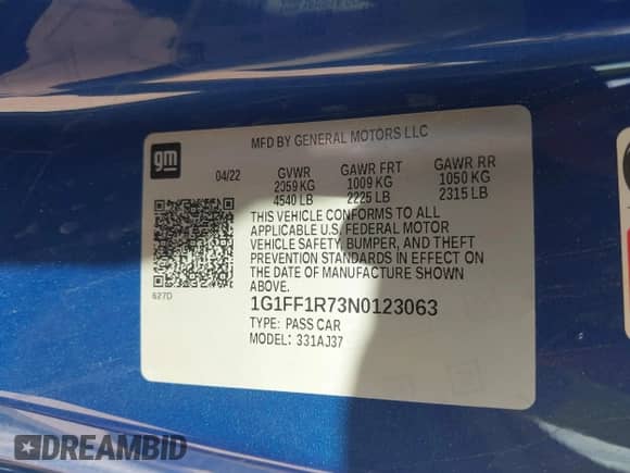 2022 Chevrolet Camaro LT1 z VIN 1G1FF1R73N0123063, wystawiony jako IAAI lot #43295248 z przebiegiem 43 201 mil mil oraz . Historia ofert i sprzedaży dostępna na DreamBid. Obrazek 9.