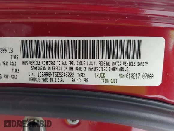 2014 Ram 1500 Laramie with VIN 1C6RR6NT5ES245222, listed as a IAAI auction lot 42134206 with 53,616 mi miles and . Bid and sale history available at DreamBid. Image 9.