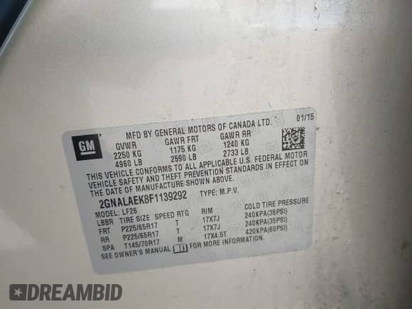 2015 Chevrolet Equinox LS z VIN 2GNALAEK8F1139292, wystawiony jako IAAI lot #43394465 z przebiegiem 107 118 mil mil oraz . Historia ofert i sprzedaży dostępna na DreamBid. Obrazek 9.