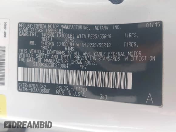 2015 Toyota Sienna Limited with VIN 5TDDK3DC8FS100841, listed as a IAAI auction lot 41539557 with 219,816 mi miles and . Bid and sale history available at DreamBid. Image 9.