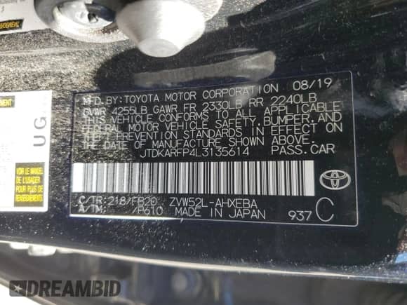 2020 Toyota Prius Limited with VIN JTDKARFP4L3135614, listed as a Copart auction lot 80301715 with 53,264 mi miles and Salvage title. Bid and sale history available at DreamBid. Image 13.