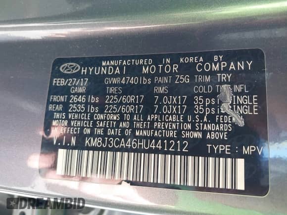 2017 Hyundai Tucson SE with VIN KM8J3CA46HU441212, listed as a IAAI auction lot 42046326 with 138,284 mi miles and . Bid and sale history available at DreamBid. Image 9.