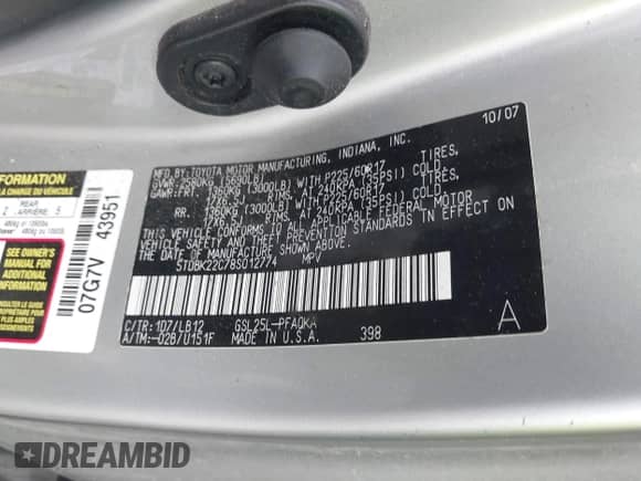 2008 Toyota Sienna XLE z VIN 5TDBK22C78S012774, wystawiony jako IAAI lot #42290495 z przebiegiem Nie podano mil oraz . Historia ofert i sprzedaży dostępna na DreamBid. Obrazek 9.