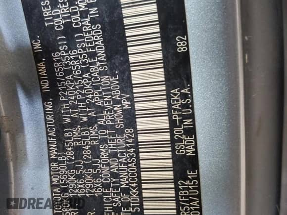 2010 Toyota Sienna CE z VIN 5TDKK4CC0AS341428, wystawiony jako Copart lot #84025485 z przebiegiem Nie podano mil oraz Szkoda całkowita • Salvage title. Historia ofert i sprzedaży dostępna na DreamBid. Obrazek 13.